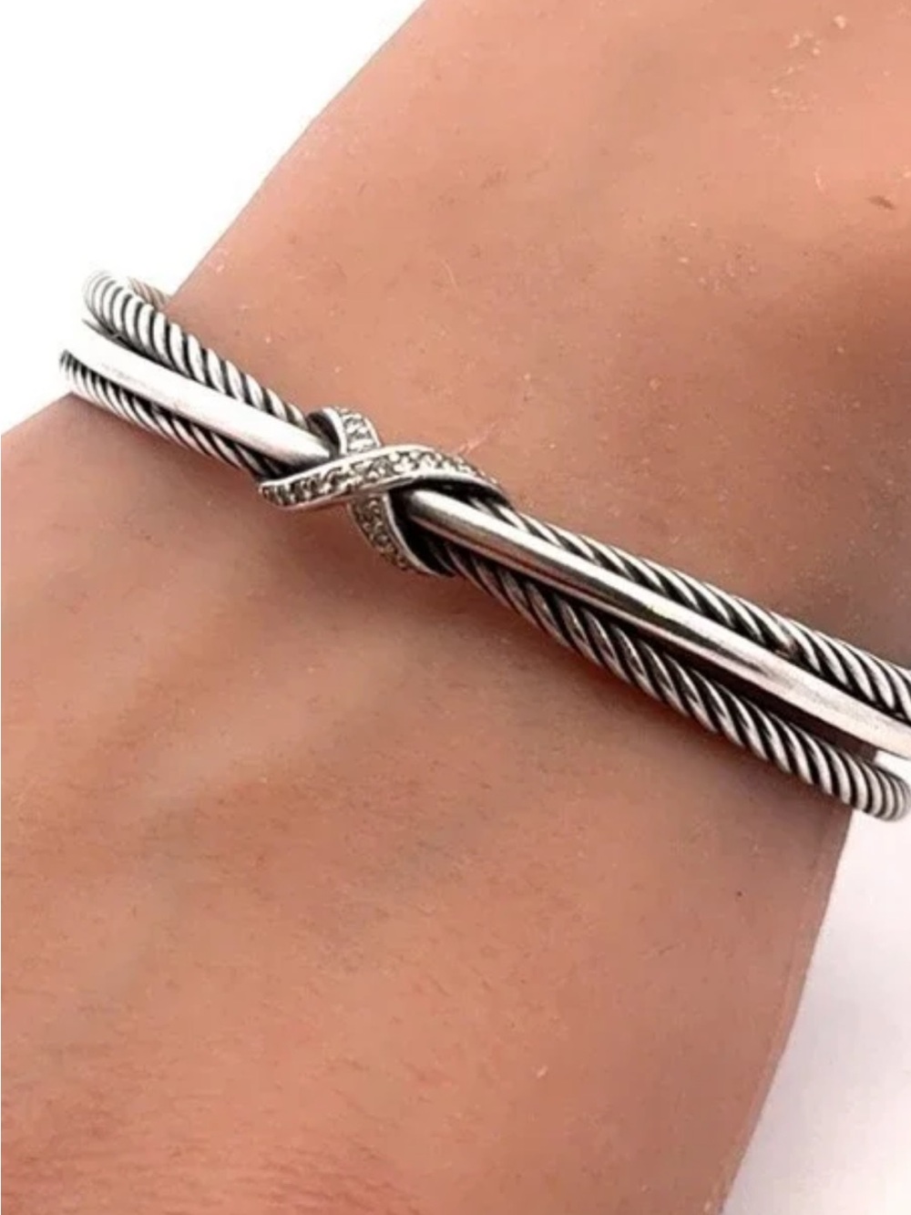 Retired David Yurman 925 Silver Twisted Cable Knot Bracelet with Pavé Accent